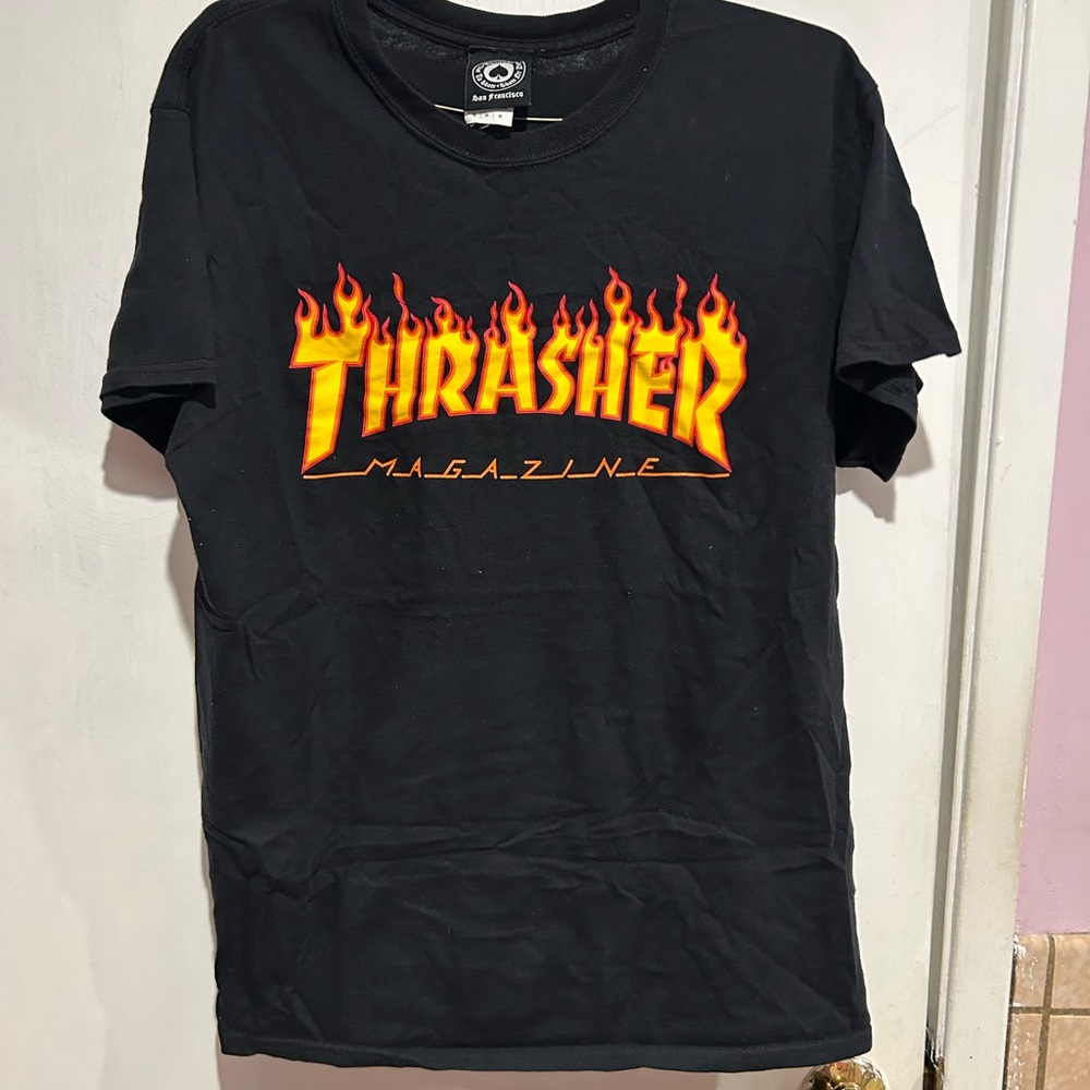 Thrasher Black Tee with Orange-Yellow Flame Logo
